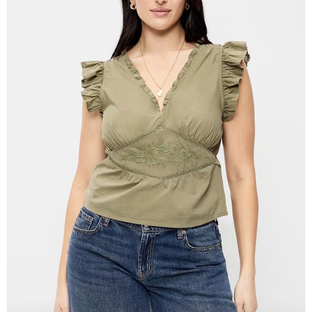 Old Navy Top Green Flutter Sleeve Embroidered Vacay Casual Preppy Size 2X NWT